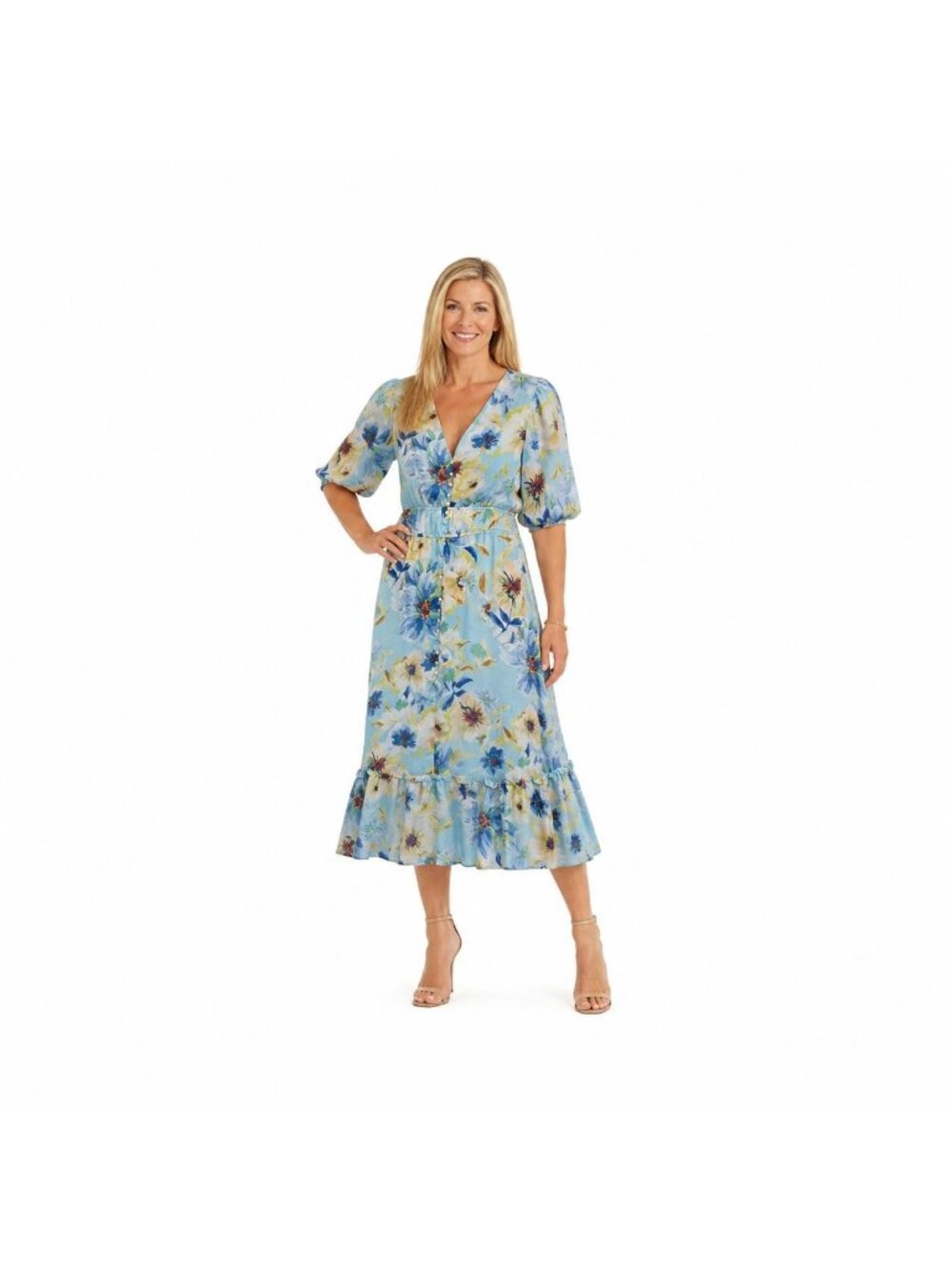 NEW Kensie Boho Floral Maxi Dress Size 14 Blue Yellow Puff Sleeve V-Neck